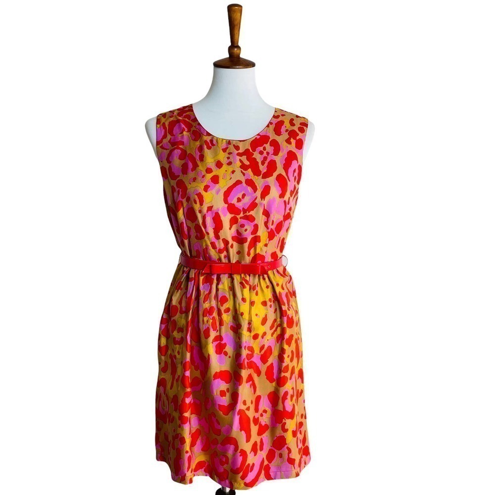 JB by Julie Brown Women’s Sz 6 Gold and Red Sleeveless Belted 100% Silk Dress